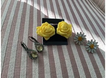 Three Pairs Of Yellow Earrings Including Floral And Rhinestone - Lot #5