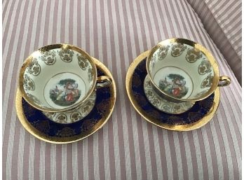 Two Sets Of Capo-di-Monte Cups And Saucers In La Petite Pattern In 22K Gold - Lot #2