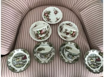 Four Sets Of Johnson Bros. Cups And Saucers Including Harvest Time And The Friendly Village