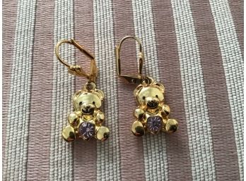 Teddy Bear Earrings In  Gold Tone And Violet Rhinestone - Lot #7