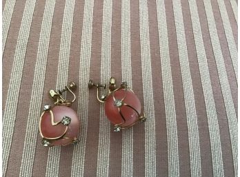 Vintage Gold Tone Webbing And Rhinestone Pair Of  Heart Earrings