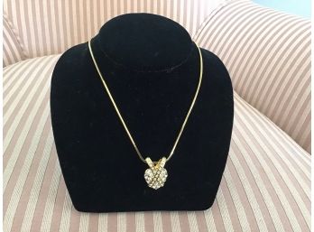 Napier Gold Tone Necklace Centered With Rhinestone Heart Pendant
