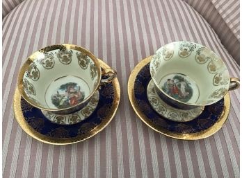 Two Sets Of Capo-di-Monte Cups And Saucers In La Petite Pattern In 22K Gold - Lot #1