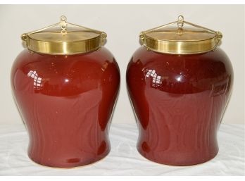 Pair Of Porcelain Oxblood Ginger Jars With Brass Accents By Bombay