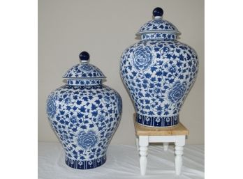 Large Pair Of Blue & White Porcelain Bombay Ginger Jars