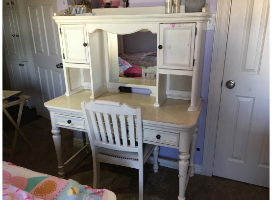 White/Cream Desk/ Makeup Vanity Having Mirror -  With Chair