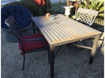 Metal Umbrella Table And 3 Metal Chairs With Cushions