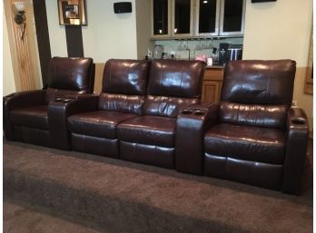 Staceys Furniture Brown Leather Reclining Theater Seating Having 4 Seats And Cupholder