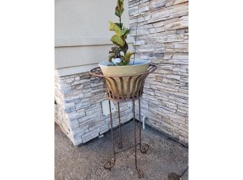 Pair Of Metal Planters With Plastic Pots And Plants  21 X 40