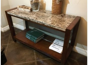 Console Table With Granite Top, Glass Shelf And Wood Frame