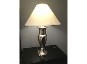 Pair Of Silver Metal Lamps With Cloth Shades