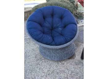 Wicker Swivel Chair With Blue Tufted Cushion  42 X 35