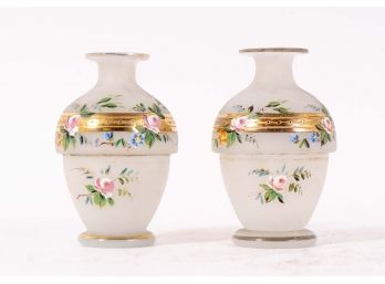 Pair Of Hand Painted Frosted Glass Stem Vases