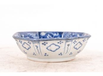 Blue & White Octagonal Porcelain Dish With Crane Design