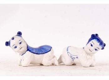 Pair Of Chinese Blue & White Porcelain Baby Headrests