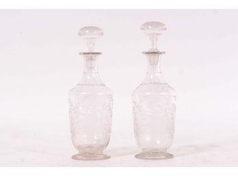 Pair Of Swan Motif Hand Etched Glass Bottles With Stoppers