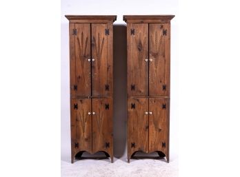 Pair Of Antique Pine Cabinets With Sheaf Of Wheat Design