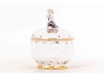 Antique Hand-painted Lidded Porcelain Jar With Cherub Finial