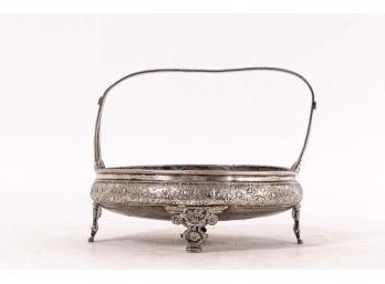 Victorian Era Silver-Plated Bridal Basket With Lovely Botanical & Bird Pattern