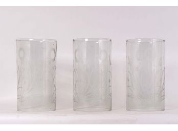 Trio Of Etched Glass Hurricanes