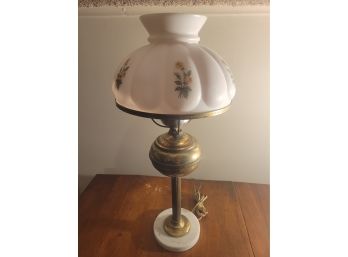 Vintage Brass Table Lamp With Floral Glass Shade
