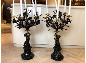 Vintage Pair Of Gothic Marble Base Candelabras, 30'