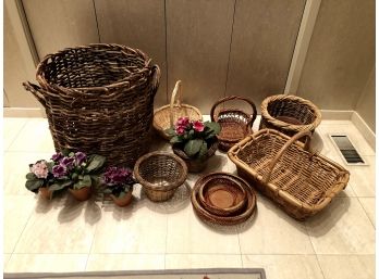 Lot Of Wicker Baskets And Faux African Violets, 12 Pieces