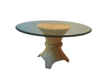Vintage McGuire Style Sheaf Of Wheat Rattan Table With Glass Top, 1970s