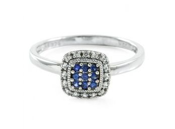 925 Sterling Silver Created Round Brilliant Cut Blue & White Sapphire Ring Size 7