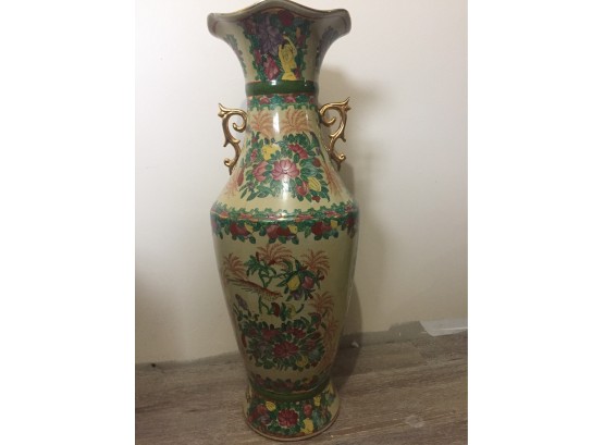 Large Hand Painted  Floral Chinese Vase With Birds And Village Scene