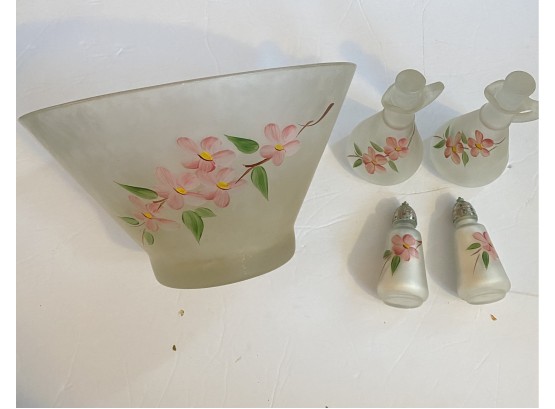 Frosted Glass Hand Painted Floral Serving Set