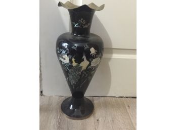 Large Brass Black Vase With Raised Peacocks
