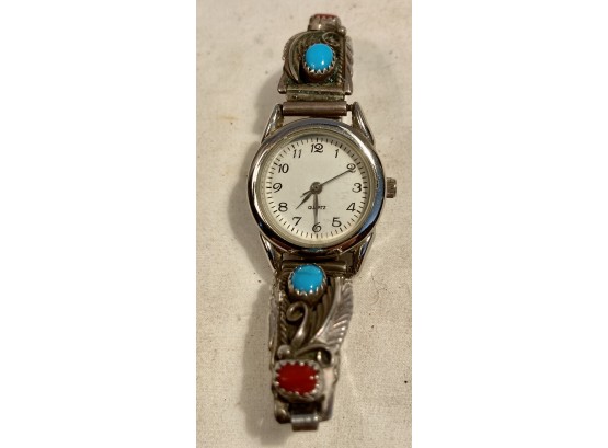 This Watch Has Turquoise Stones And Has Sterling Stamped Inside