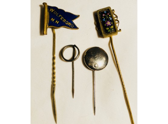 Lot 9 Of 4 Metal Stick/ Hat Pins One Has Wolfeboro NH On It And One With Pretty Flowers