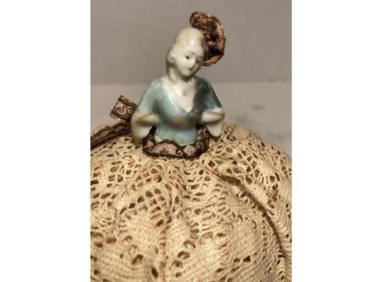 Antique Half Doll Pin Cushion Porcelain Germany Lady Full Skirt