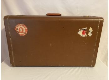Vintage Brown Hard Shell Suitcase With Vintage Travel Stickers