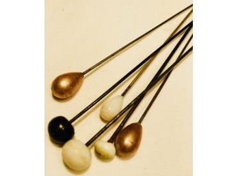 Set Of 6 Hat Pins. 3 White, 1 Black And 2 Gold
