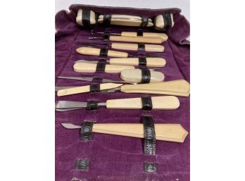 Antique French Ivory Celluloid Manicure Set  With Leather Purple Lined Case