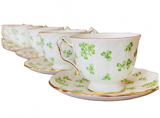 Elegant Ansley Bone China Green Shamrock Clover Tea Service & Small Plates