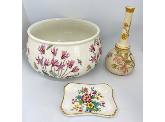 Floral Porcelain Portmeirion Bowl, Royal Worchester Vase &  Coalport Square Plate, England