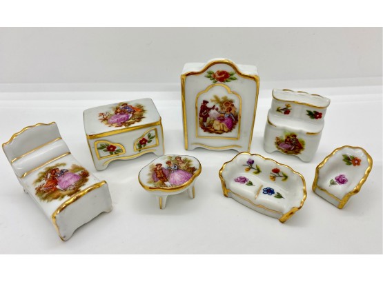 Limoges Vintage Miniatures, Dollhouse Bedroom Furniture, 7 Pieces, France