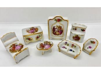 Limoges Vintage Miniatures, Dollhouse Bedroom Furniture, 7 Pieces, France