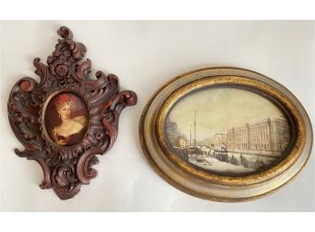 Two Prints In Wood Frames, Victorian Portrait From Syroco Wood