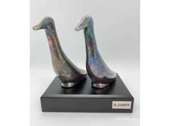 Sterling Silver Ducks On Base Handmade By Artist Devora Jaron, Marked 925, Israel