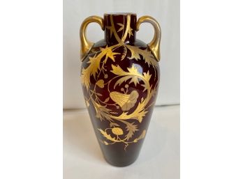 French Glass Jug Vase With Gold, Signed 'M'