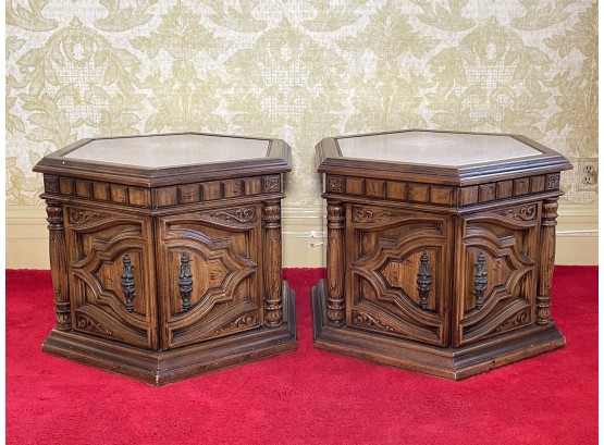 A Pair Of Vintage Marble Top Hexagonal End Table/Cabinets