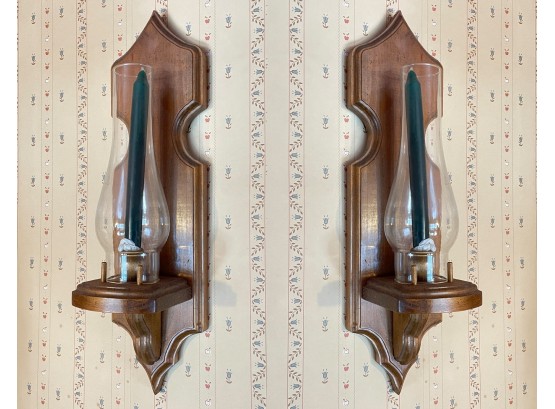 A Pair Of Pine Wall Mount Candle Holders With Glass Hurricanes