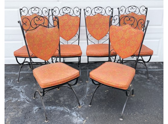 A Set Of 6 Vintage Wrought Iron Shield Back Dining Chairs - C. 1970