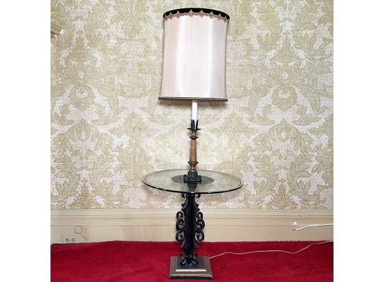 A Vintage Neoclassical Style Wood Iron And Glass Lamp / Table Combo