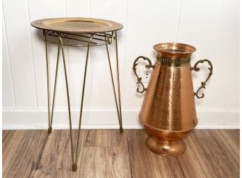 A Large Vintage Copper Plant Stand And Urn